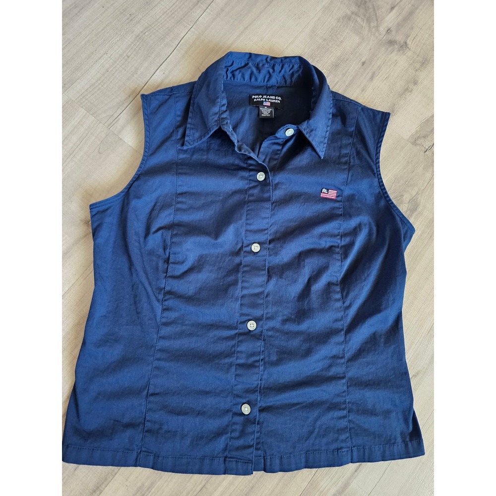 Polo Jeans Co Ralph Lauren Womens Navy Blue Sleeveless Button Down Shirt Small